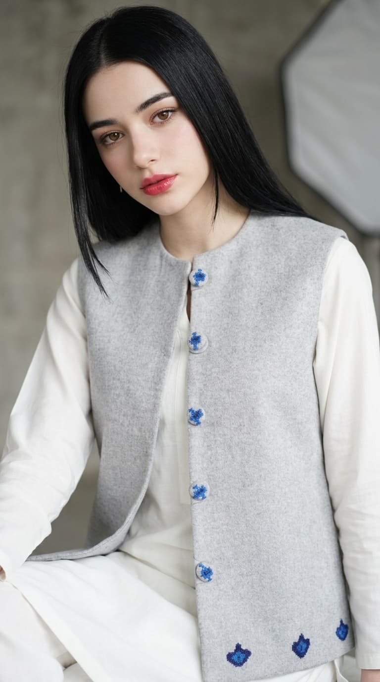 Handcrafted Ta Itux Wool Waistcoat in Heather Grey & Royal Blue