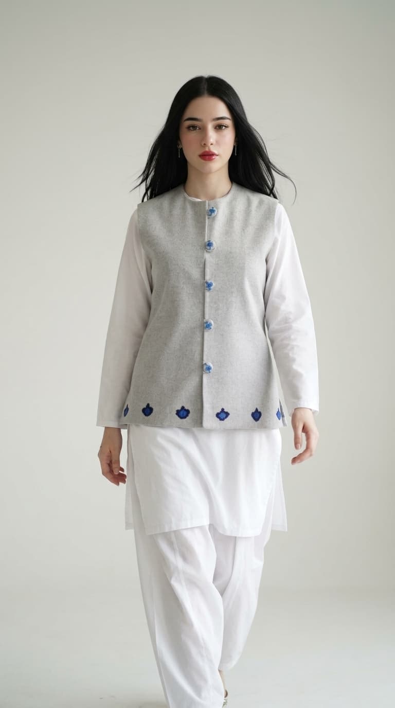 Handcrafted Ta Itux Wool Waistcoat in Heather Grey & Royal Blue